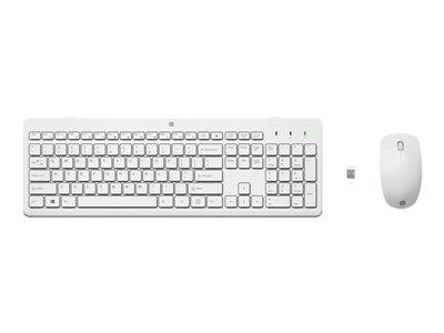 Eine weiße kabellose Tastatur mit einem begleitenden USB-Empfänger und einer daneben platzierten Maus auf weißem Hintergrund.