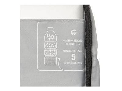 Das Bild zeigt ein Etikett auf einer grauen Tasche mit einer Illustration einer Flasche und dem Text: „Hergestellt aus recycelten Wasserflaschen. Ihre Tasche hat 5 Flaschen aus dem Ozean gerettet.