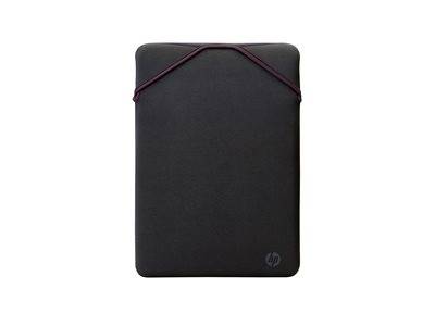 Eine schlanke schwarze Laptoptasche mit einer schrägen Naht über dem oberen Rand und dem HP-Logo in der unteren Ecke.