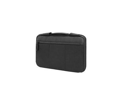 Eine schwarze Laptoptasche mit Griff, ausgestattet mit einer Reißverschlusstasche an der Vorderseite, entwickelt für transportable Aufbewahrung und Schutz.