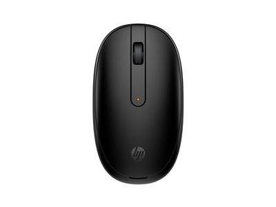 Eine schlichte schwarze kabellose Computermaus mit Scrollrad, kleiner orangefarbener Kontrollleuchte und Markenlogo am Boden.