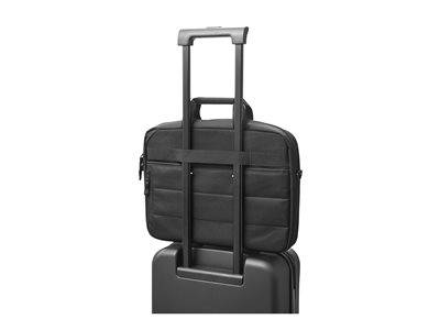 Eine schwarze Laptoptasche ist am Griff eines Rollkoffers befestigt. Der Koffer verfügt über einen ausziehbaren Griff für bequemes Reisen.