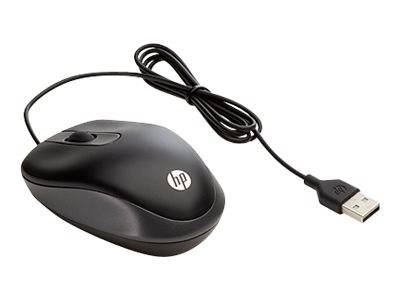Eine schwarze schnurgebundene HP-Computermaus mit USB-Anschluss wird gezeigt, die ein Scrollrad aufweist und für die Verwendung mit der rechten Hand ausgelegt ist.