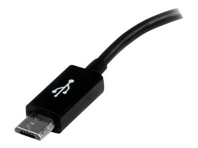 Ein schwarzes USB-Kabel mit einem Micro-USB-Anschluss an einem Ende und einem USB-Symbol auf dem Anschluss.