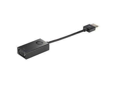 Ein schwarzer HDMI-zu-VGA-Adapter mit einem kurzen Kabel, der einen HDMI-Stecker auf der rechten und einen VGA-Anschluss auf der linken Seite für die Videoverbindung zeigt.