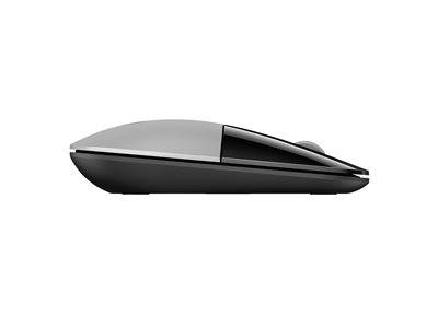 Eine schlanke, moderne Computermaus mit einem stromlinienförmigen Silber- und Schwarzdesign, die in Seitenansicht gezeigt wird.