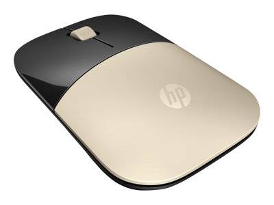 Eine elegante, schwarze und goldene kabellose HP-Maus mit Scrollrad.