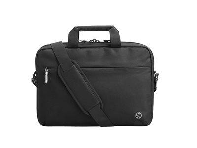 Eine schwarze Laptoptasche mit Schultergurt und einer vorderen Reißverschlusstasche, mit einem kleinen Logo in der unteren rechten Ecke.