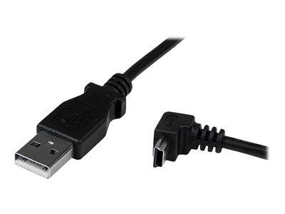 Ein schwarzes USB-Kabel mit einem Standard-USB-A-Anschluss an einem Ende und einem Micro-USB-Anschluss am anderen Ende. Wird zum Laden und zur Datenübertragung verwendet.