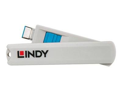 Ein weißer LINDY USB-Adapter mit weißem Gehäuse und blauen Details, ausgestattet mit einem USB-C-Anschluss.