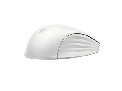 Eine schlanke, moderne weiße Computermaus, die für ergonomische Verwendung konzipiert ist und eine glatte, geschwungene Oberfläche sowie ein minimalistisches Tastenlayout aufweist.