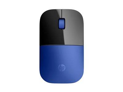 Eine blaue und schwarze Computermaus mit einer zentralen Taste, auf der nahe dem unteren Rand das HP-Logo angebracht ist.