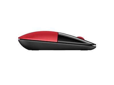 Eine schlanke rote und schwarze Computer-Maus mit modernem, minimalistischem Design, von der Seite auf einem schlichten weißen Hintergrund dargestellt.