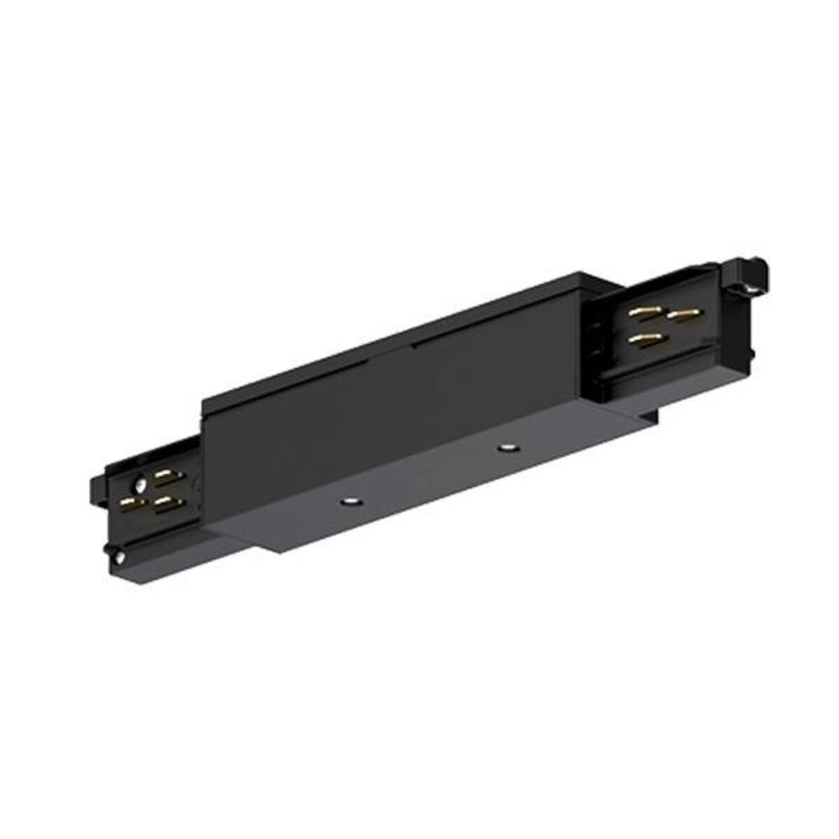 Schwarzer Stromschienen-Beleuchtungsstecker mit Mittellabdeckung und Endanschlüssen auf weißem Hintergrund.