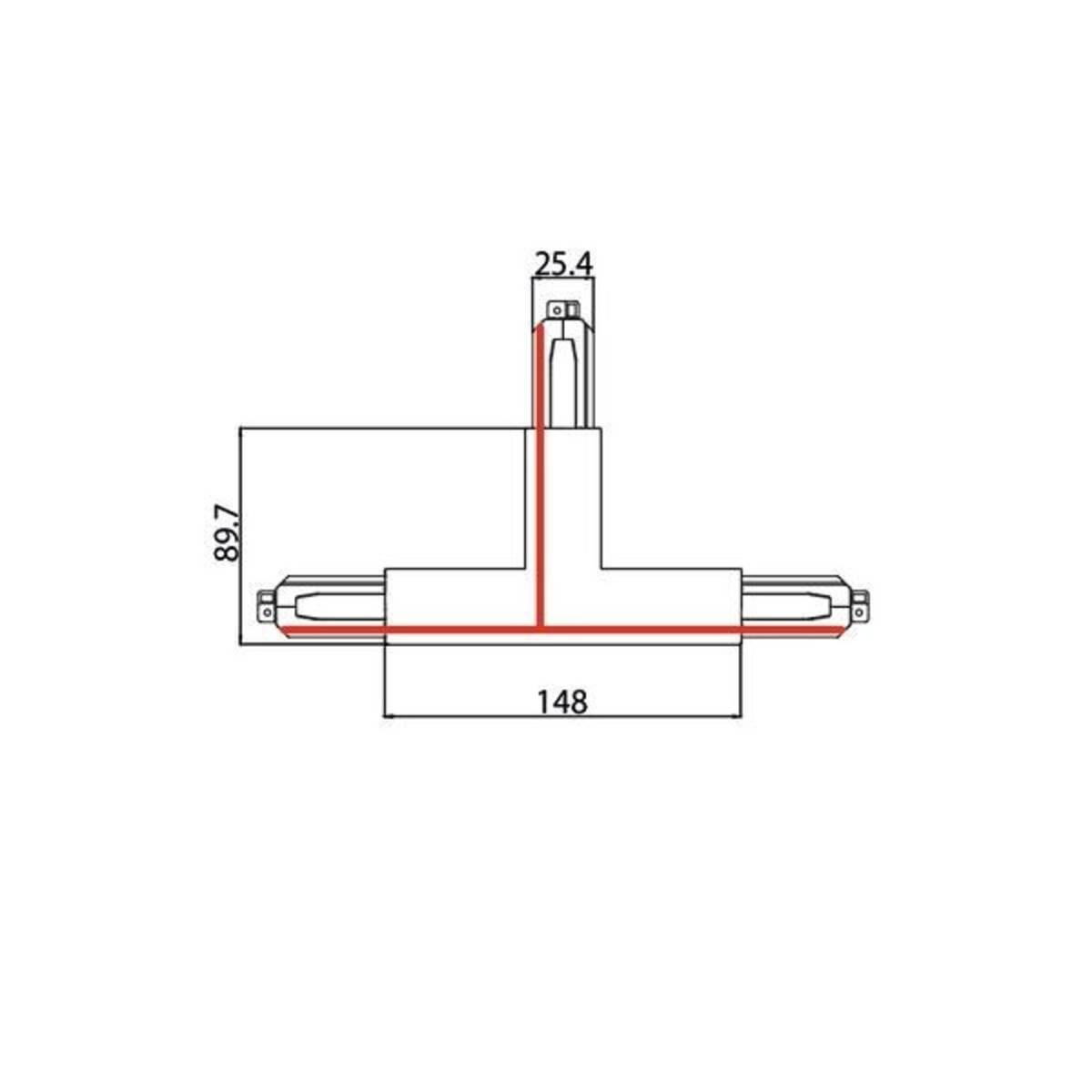 Technische Zeichnung eines T-förmigen Bauteils mit roten internen Pfadlinien, beschriftete Abmessungen 25,4, 89,7 und 148.
