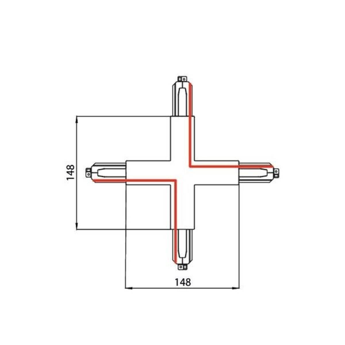 Kreuzförmiges elektrisches Steckverbinder-Diagramm mit rotem Pfad durch vier Anschlüsse, das Abmessungen von 148 x 148 zeigt.