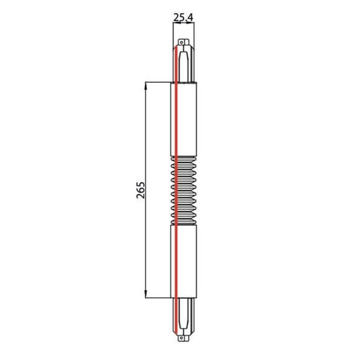 Technische Linienzeichnung einer federbelasteten zylindrischen Komponente, Seitenansicht mit roter Mittellinie und Abmessungen von 265 mm Länge und 25,4 mm Breite.