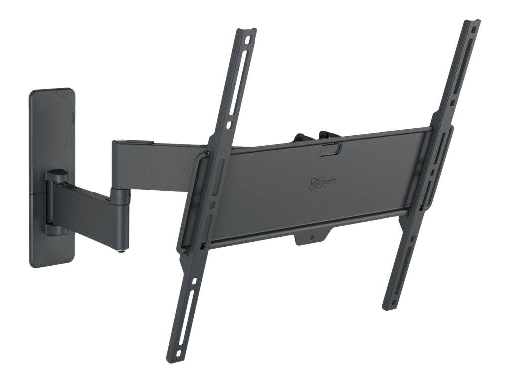 Verstellbare schwarze wandmontierte Halterung für Fernseher mit verlängertem Arm und zwei vertikalen Stützschienen auf weißem Hintergrund.