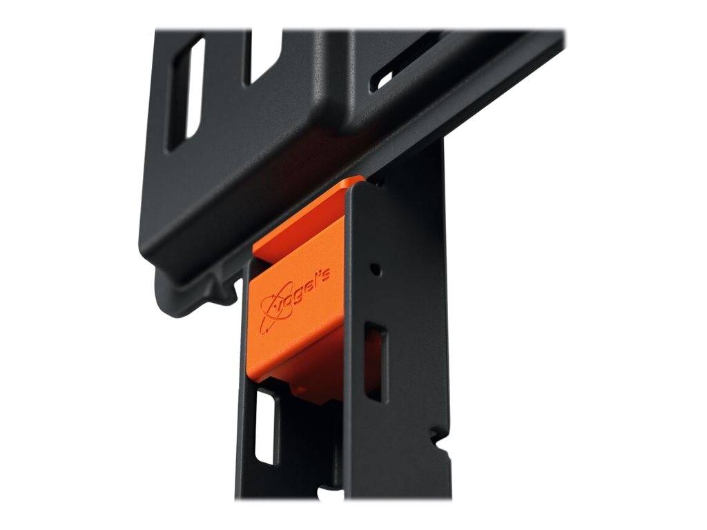 Nahaufnahme einer schwarzen Metallmontageklammer mit einem orangefarbenen Verriegelungs- oder Verstellteil, auf einem schlichten weißen Hintergrund gezeigt.