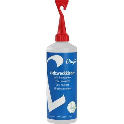 Eine Flasche Läufer Vielzweckkleber Universalklebstoff mit einer roten Applikatospitze. Etikett enthält 'Qualität seit 1922'.