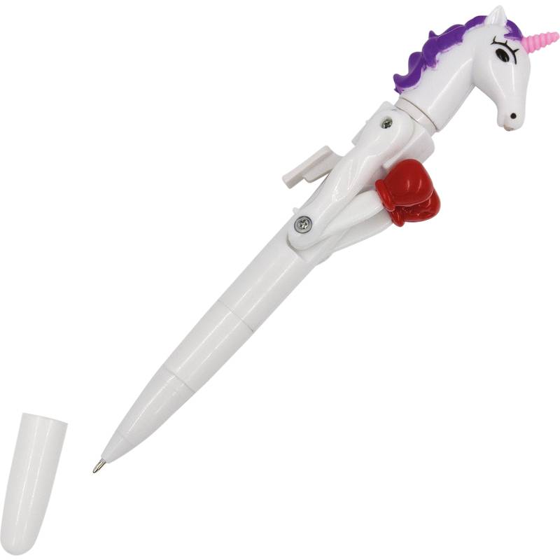 Ein weißer Stift in Form eines Einhorns mit lila Mähne und rosa Boxhandschuhen. Die Kappe ist abgenommen und liegt daneben.