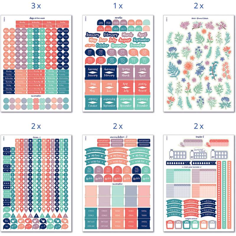 Planersticker-Bögen mit Monaten, Tagen, Pflanzen, dekorativen Designs und Erinnerungsetiketten in verschiedenen Farben zur Organisation und Planung.