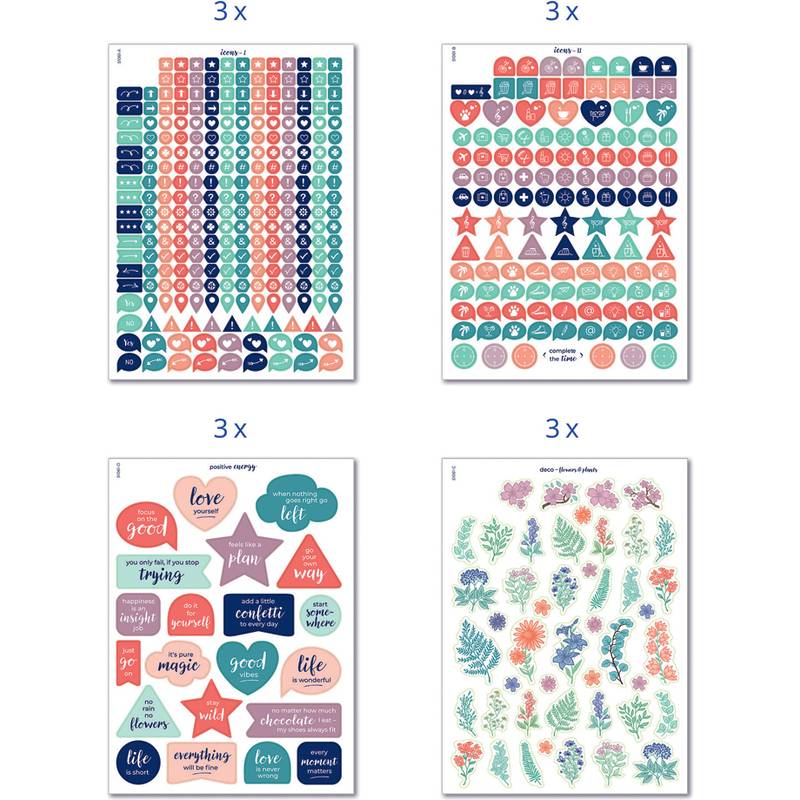 Sticker mit verschiedenen Formen und motivierenden Phrasen wie 'Liebe', 'Gut', 'Plan' sowie Illustrationen von Pflanzen, Sternen und Herzen.