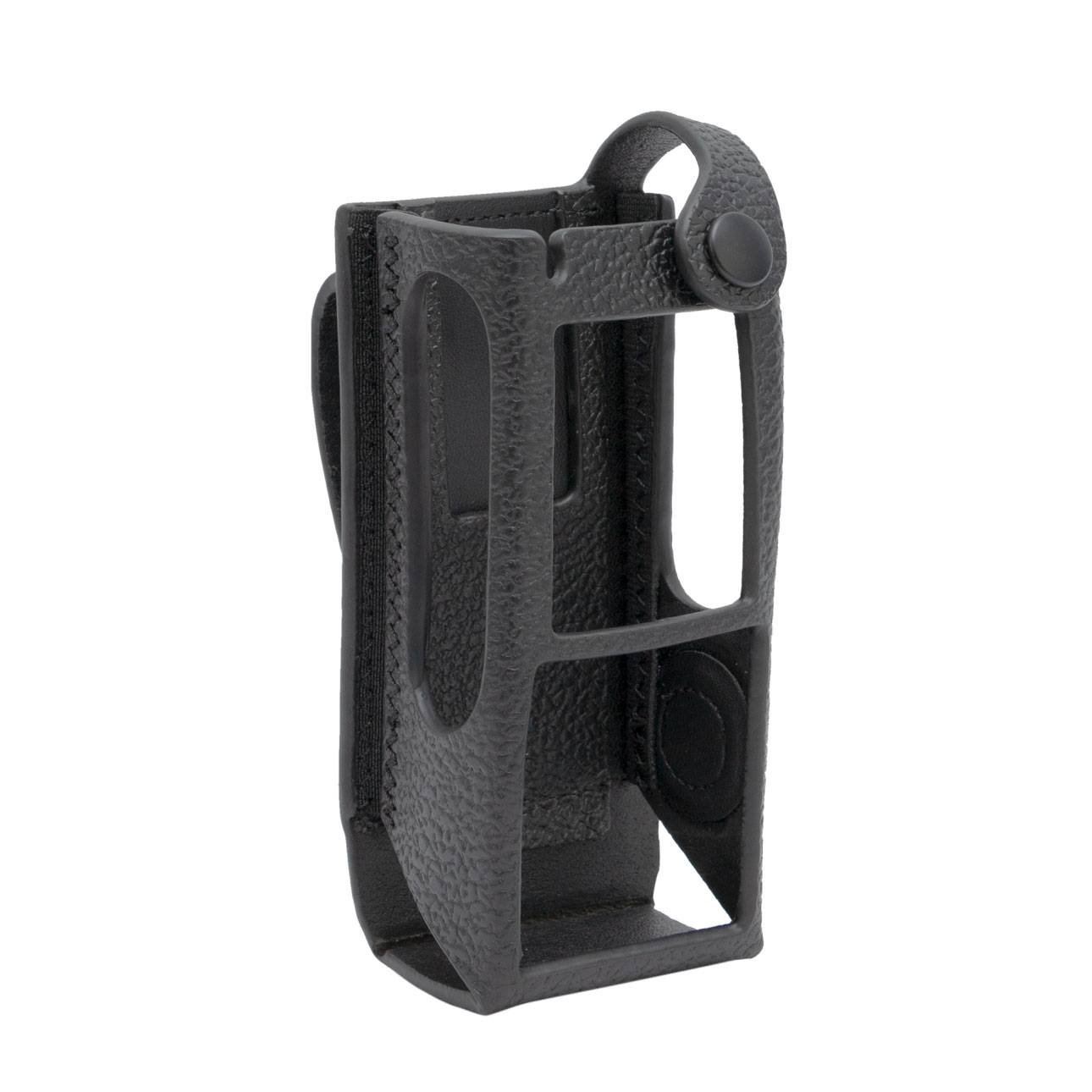 Schwarzer Lederradiohalter mit offenen Seiten und Druckknopfverschluss, entworfen um ein Radiogerät sicher zu halten.