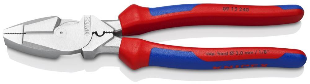 Rote und blaue Zangen mit silbernem Metallkopf, diagonal vor einem neutralen Hintergrund positioniert.