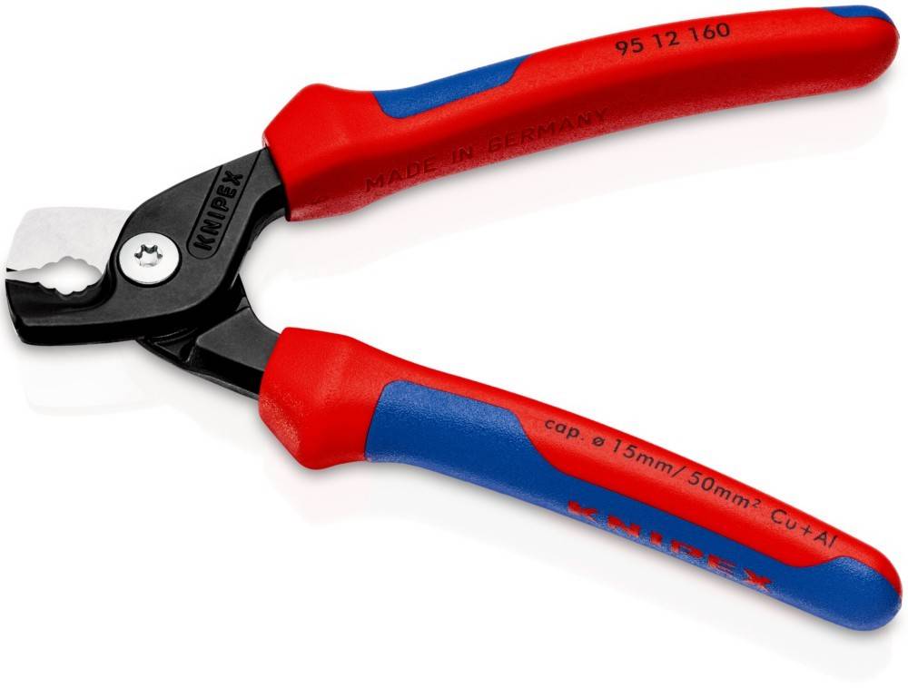 Rot und blau-geheftete Drahtschneider mit 'Knipex'-Branding, mit einer Schneidkapazität von 15 mm. Made in Germany.
