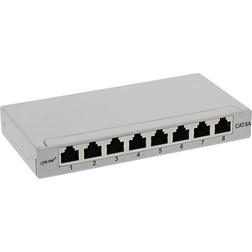 Ein kompaktes 8-Port-RJ45-Cat-6A-Netzwerk-Patchpanel zum Verbinden von Ethernet-Kabeln, nummeriert von 1 bis 8.