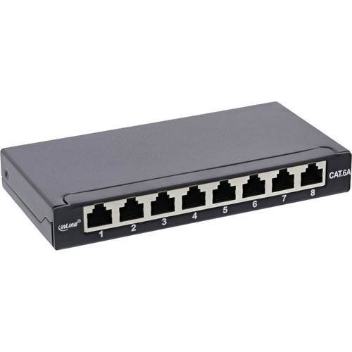 Netzwerk-Switch mit 8 Ethernet-Anschlüssen, beschriftet von 1 bis 8, konzipiert für CAT 6A-Kabel.