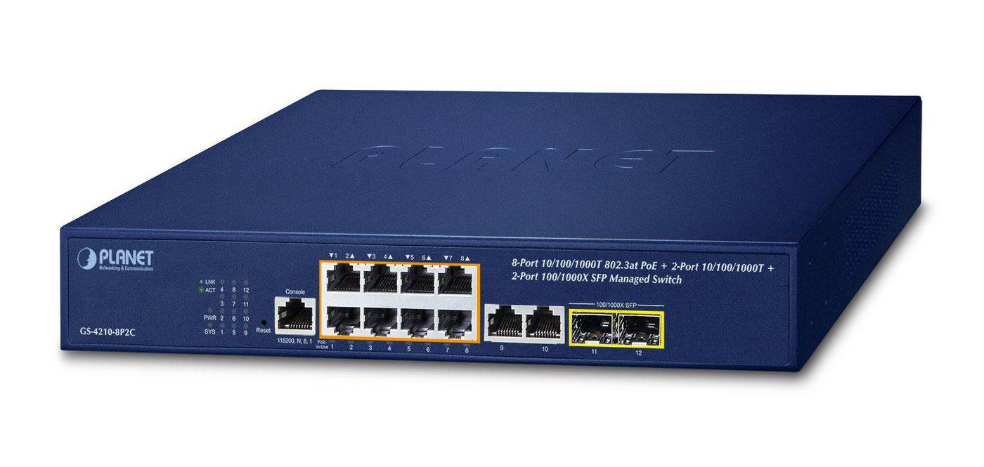Planet 8-Port GE GS-4210-8P2C 802.3at POE+ - Switch - 1 Gbps - IPv6 - Power over