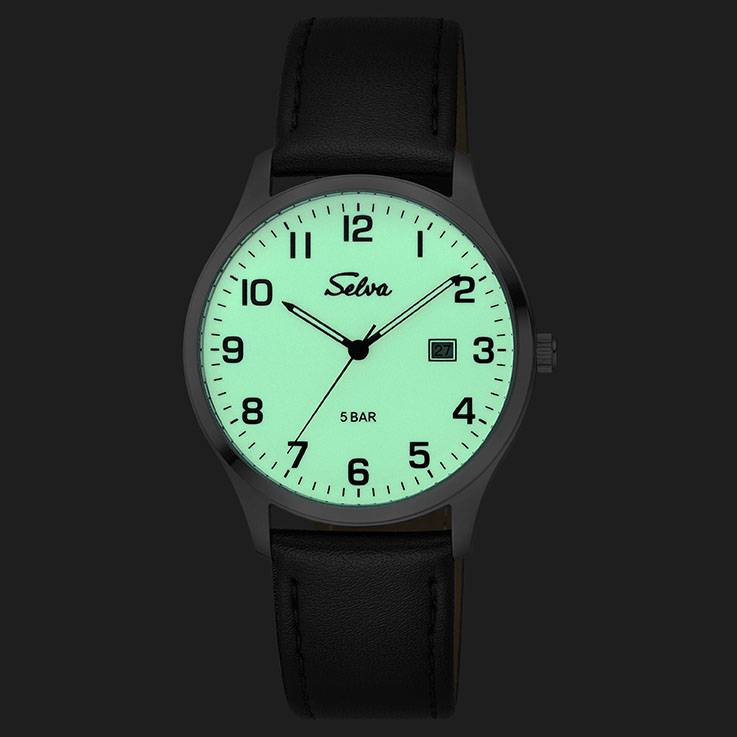 SELVA Herren-Armbanduhr, Quarz, Edelstahl, Leder, Dornschließe, 5 bar