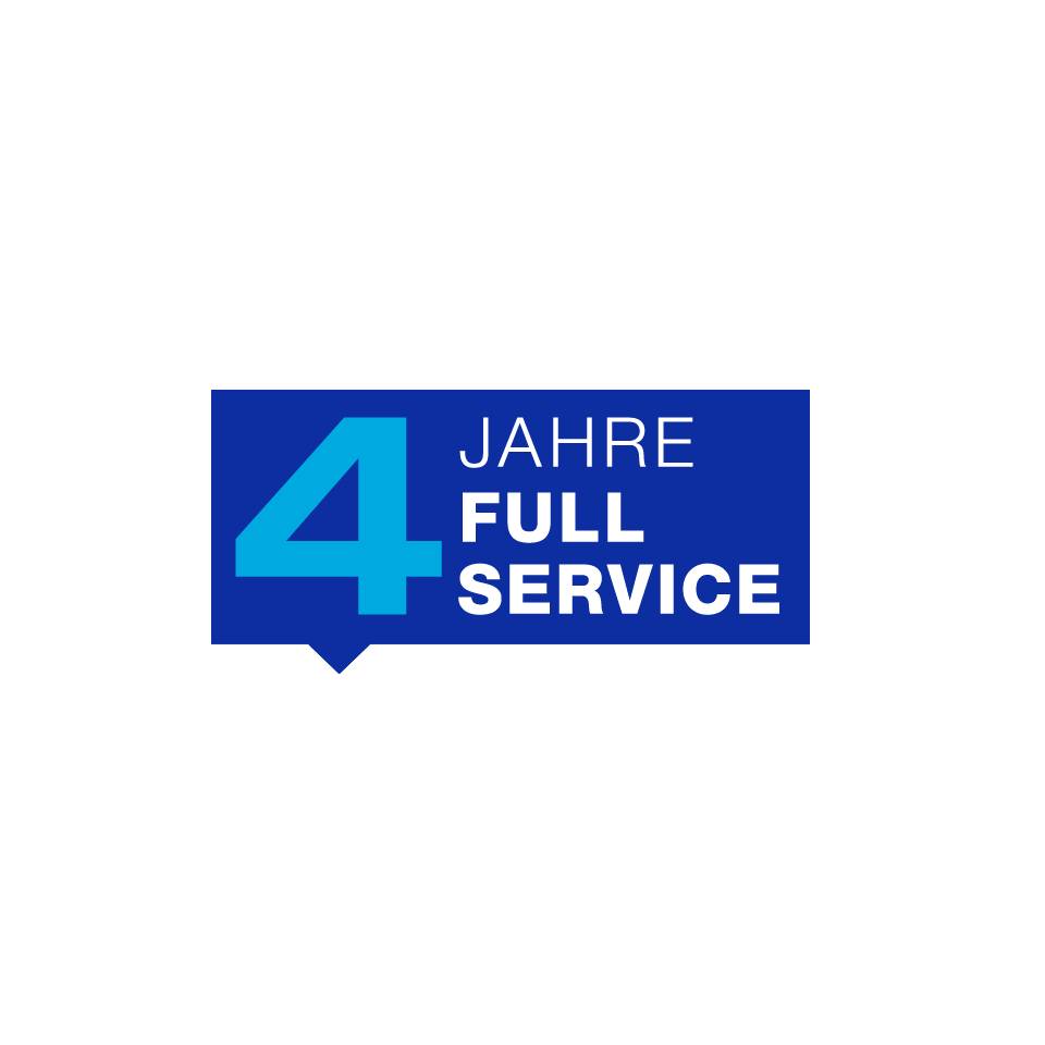 Blaues Abzeichen mit großer Ziffer 4 und den Worten „JAHRE FULL SERVICE