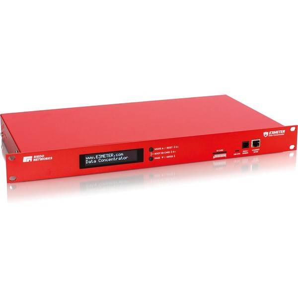 Roter Netzwerk-Datenkonzentrator, EMETER.com, von WAGO Networks. Frontanschlüsse umfassen Ethernet- und USB-Verbindungen. LCD-Display auf der Vorderseite.