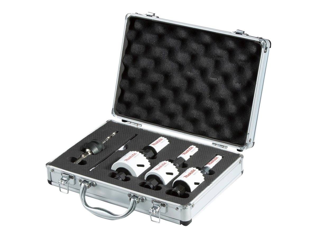 Ein Metallkoffer mit Schaumstoffeinlage, der verschiedene Größen von Lochsägeaufsätzen und einen Bohrer enthält, sorgfältig für Lagerung und Transport angeordnet.