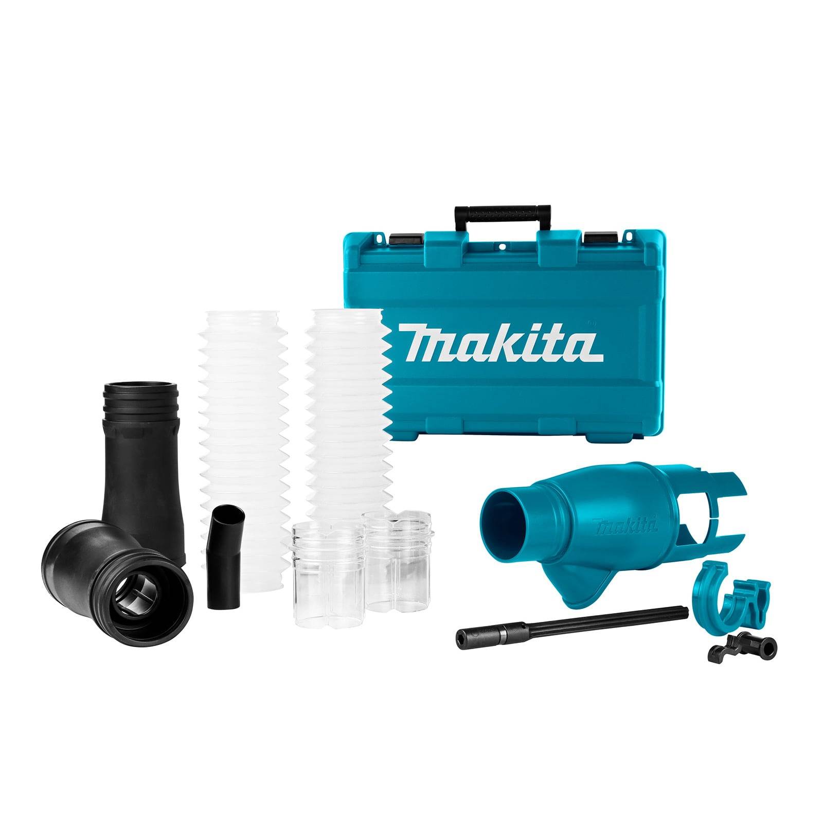 Ein Set von Makita-Staubsauger-Zubehör, bestehend aus Schläuchen, Verbindungsstücken und einer blauen Tasche mit dem Makita-Logo, für die Präsentation angeordnet.