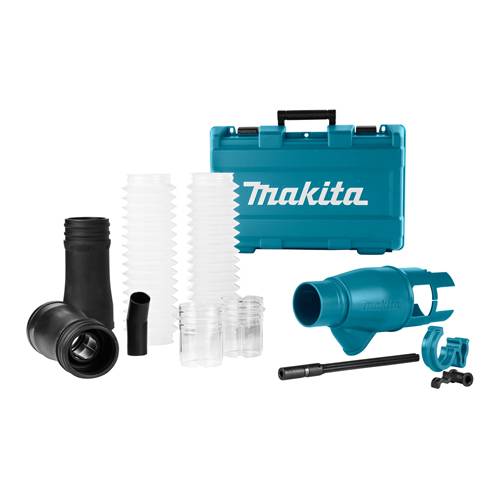 Makita-Werkzeugsatz mit blauem Transportkoffer, schwarzen und transparenten Schlauchaufsätzen, weißen gewellten Rohren und kleinen Verbindungsteilen auf weißem Hintergrund.