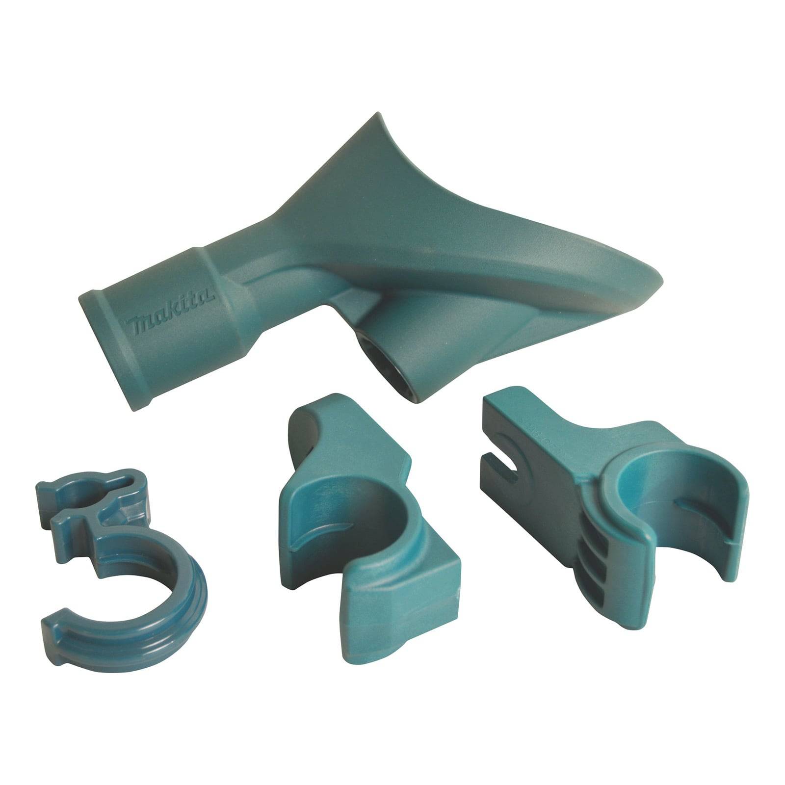 Ein türkisfarbenes Vakuum-Zubehör-Set mit vier verschiedenen Kunststoffdüsen und Anschlüssen, das für die Staubabsaugung bei Elektrowerkzeugen entwickelt wurde.