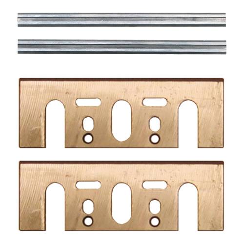 Zwei lange Metallstreifen und zwei ähnliche geschlitzte Holzstücke mit gewölbten Ausschnitten und Montagelöchern, gezeigt auf weißem Hintergrund.