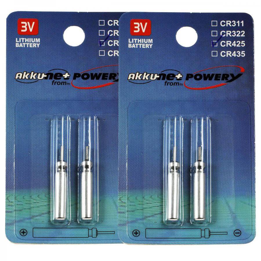 Zwei 3V-Lithium-Batterie-Blisterpackungen mit der Bezeichnung AkkuNet Power, jede enthaltend zwei kleine Silberbatterien und kompatibel mit CR311, CR322, CR425 und CR435.