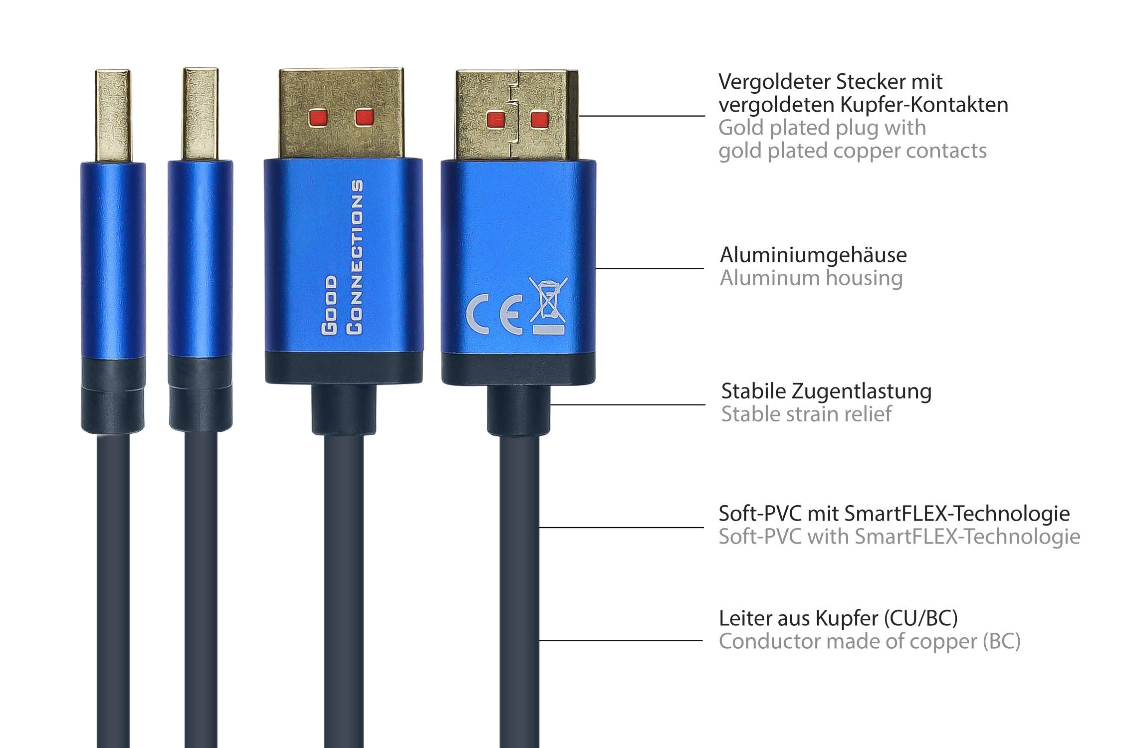 Good Connections® DisplayPort 1.4 SmartFLEX Kabel, 8K UHD-2 / 4K UHD, Aluminiumgehäuse, CU, dunkelblau, 0,5 m