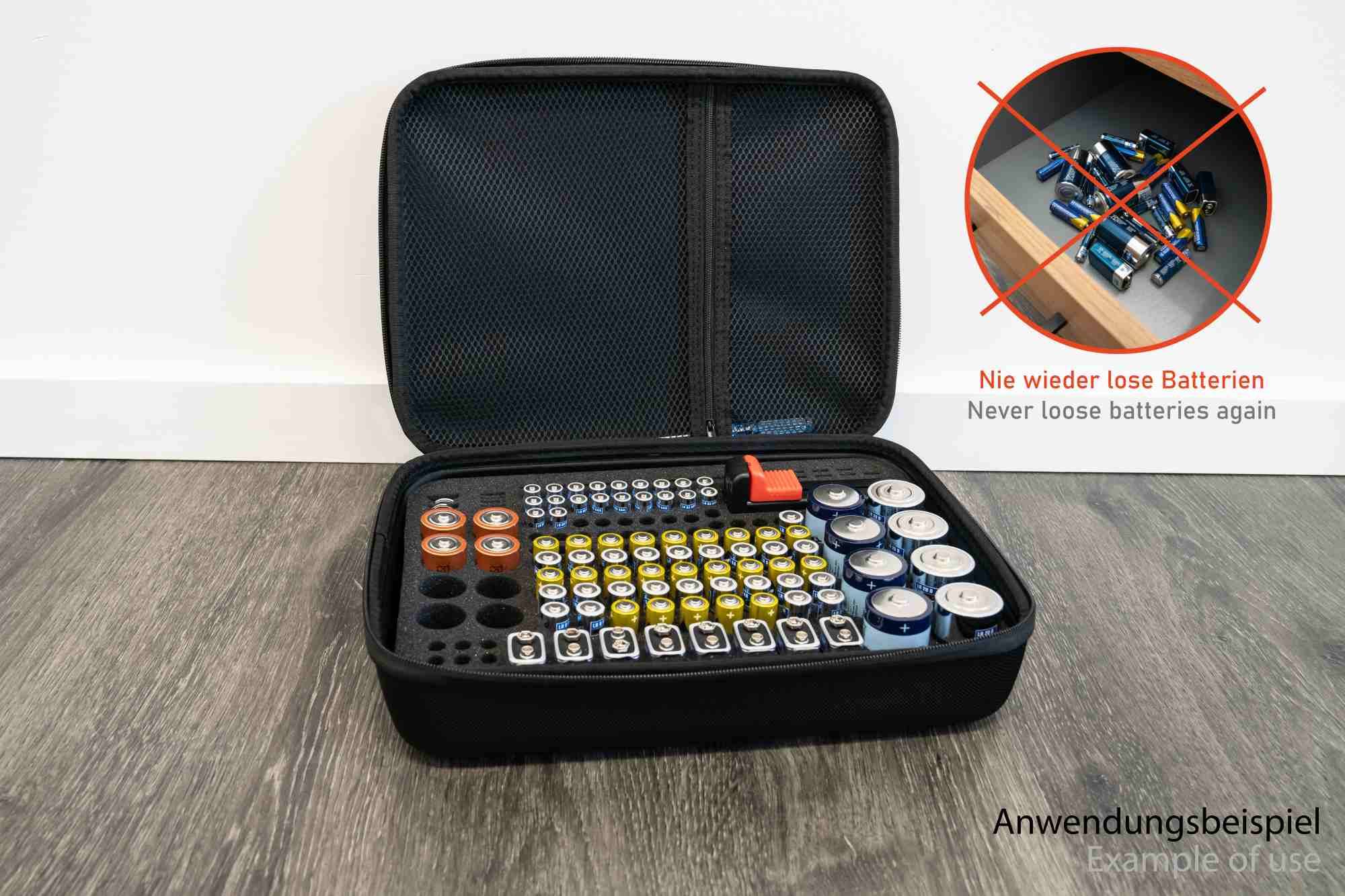 kabelmeister® Batterie Case - Praktische Aufbewahrungstasche für Batterien und Akkus, inkl. Tester