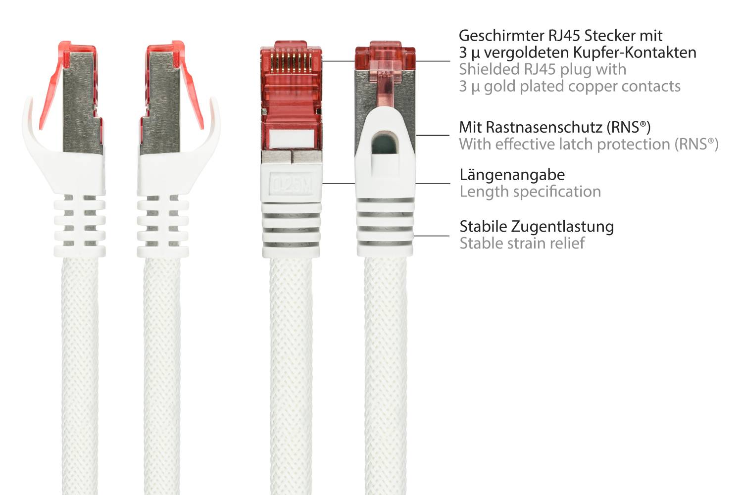 kabelmeister® RNS® Patchkabel mit Rastnasenschutz und Nylongeflecht, Cat. 6, S/FTP, PiMF, PVC, 250MHz, OFC, weiß, 15m