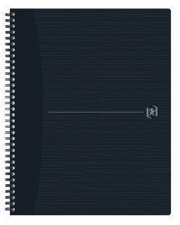 Dunkelblau gebundenes Spiralbindungs-Notizbuch mit schlicht gestaltetem Umschlag und einer dünnen horizontalen Linie in der Mitte, die in einem kleinen Logo endet.