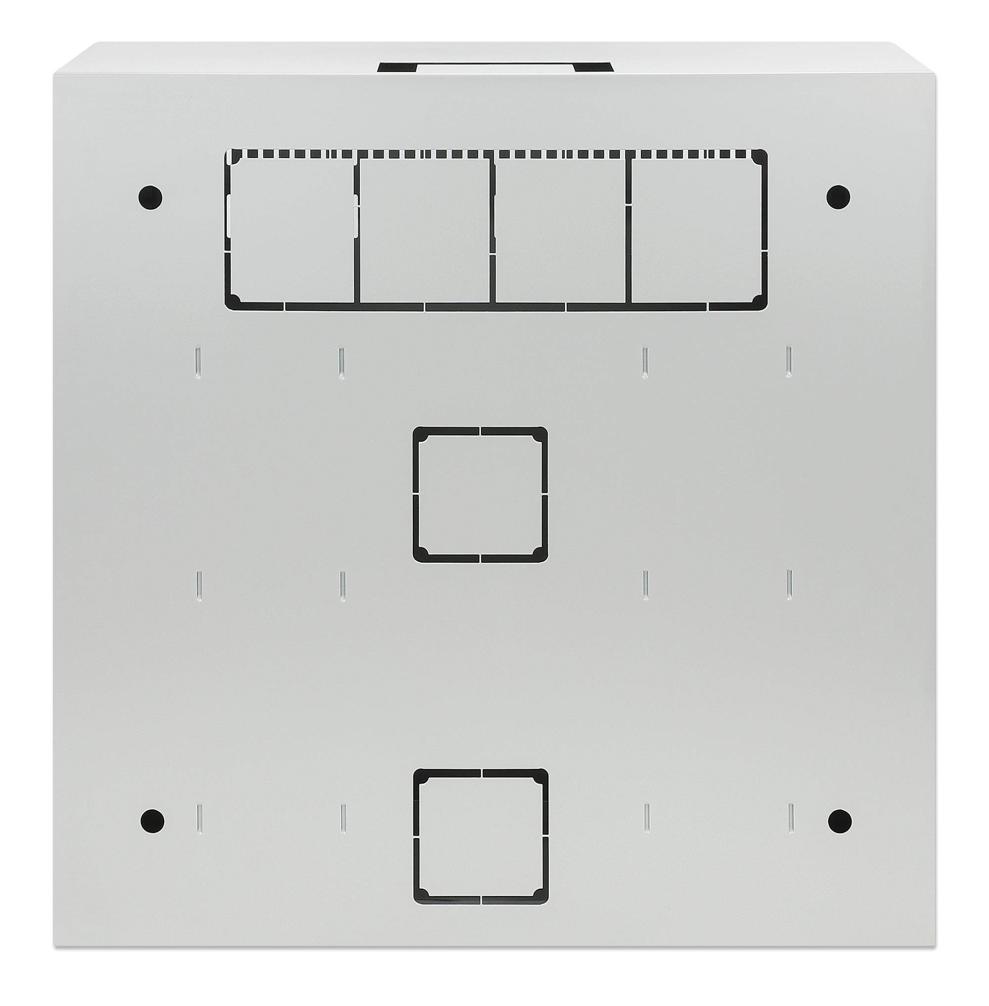 Weiße Wandplatte mit vier horizontalen modularen Anschlüssen oben und zwei zentrierten quadratischen Anschlüssen unten, sowie Befestigungslöchern an den Ecken.