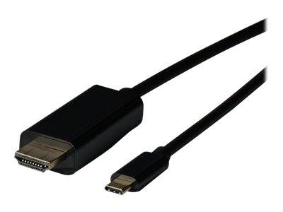 Ein schwarzes HDMI-Kabel mit einem Standard-HDMI-Anschluss auf der einen Seite und einem USB-C-Anschluss auf der anderen Seite.