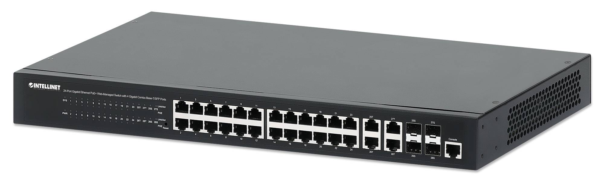 Netzwerk-Switch zur Rackbefestigung mit 24 Ethernet-Anschlüssen und einer Reihe von Status-LEDs auf der Frontplatte.