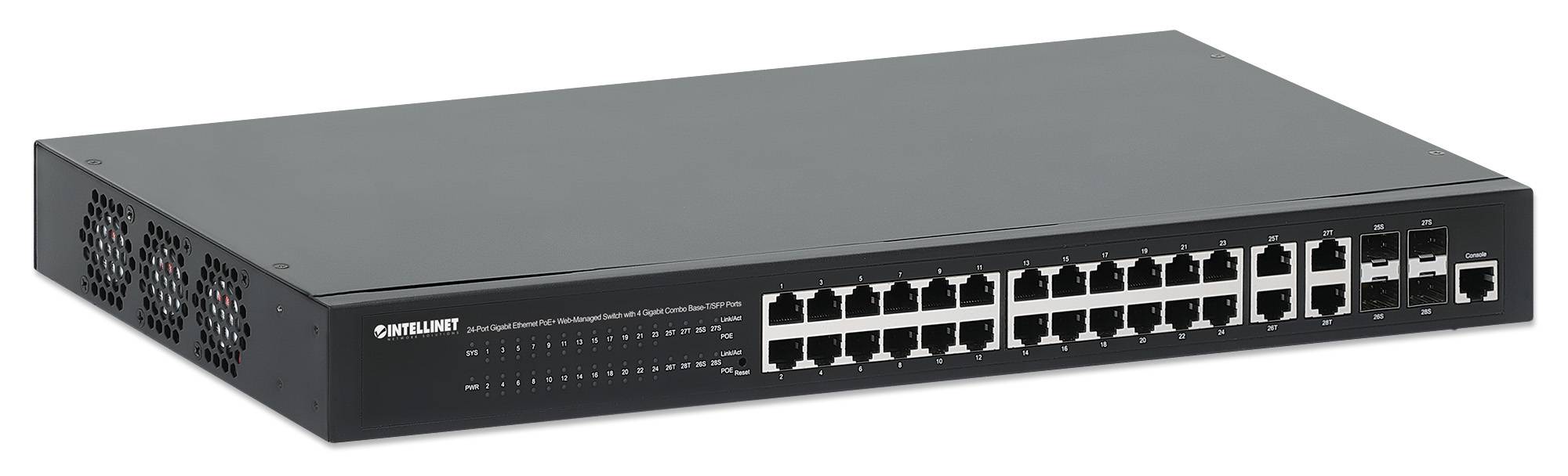 Vorderansicht eines schwarzen 48-Port-Ethernet-Netzwerk-Switches mit Statusleuchten und Belüftungsschlitzen auf der linken Seite.